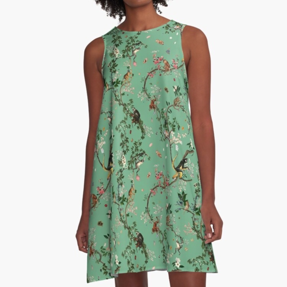 Sleeveless A-line dress with monkey print